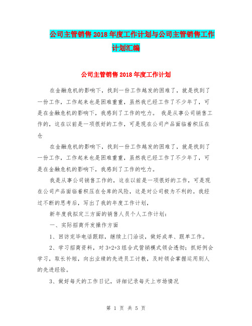 公司主管销售2018年度工作计划与公司主管销售工作计划汇编.doc