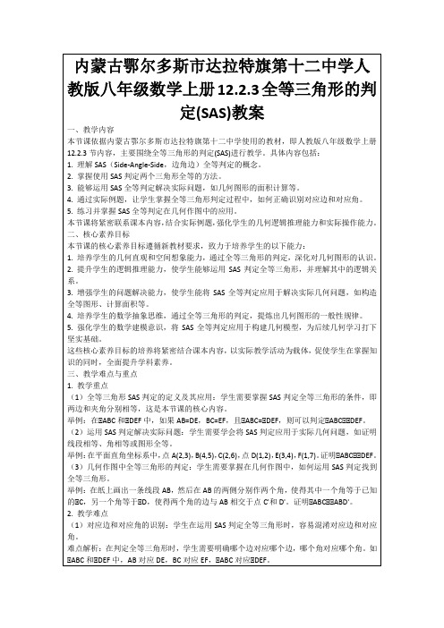 内蒙古鄂尔多斯市达拉特旗第十二中学人教版八年级数学上册12.2.3全等三角形的判定(SAS)教案