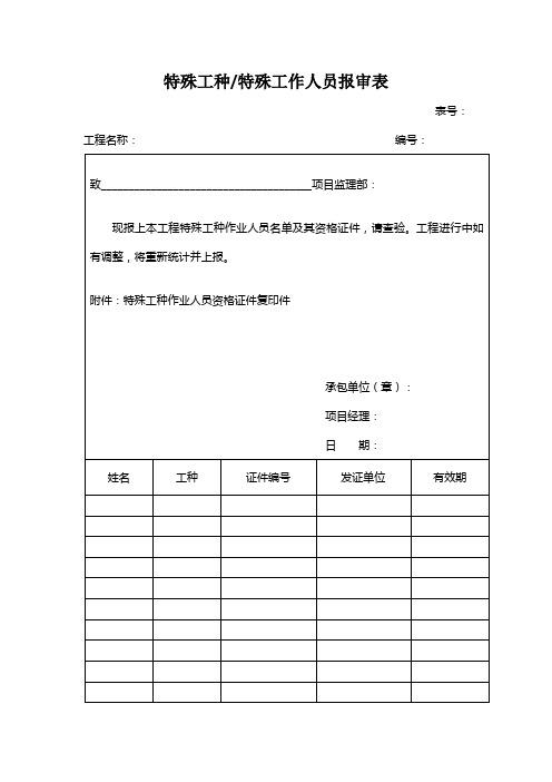 特殊工种、特殊工作人员报审表