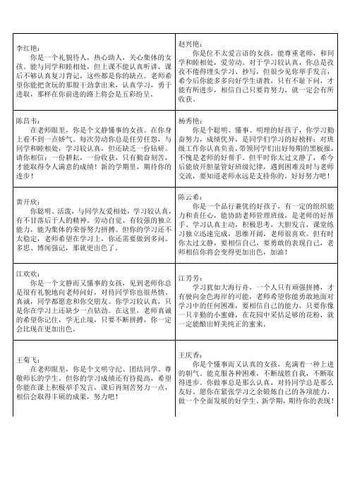 小学五年级上期末操行评语2014.1