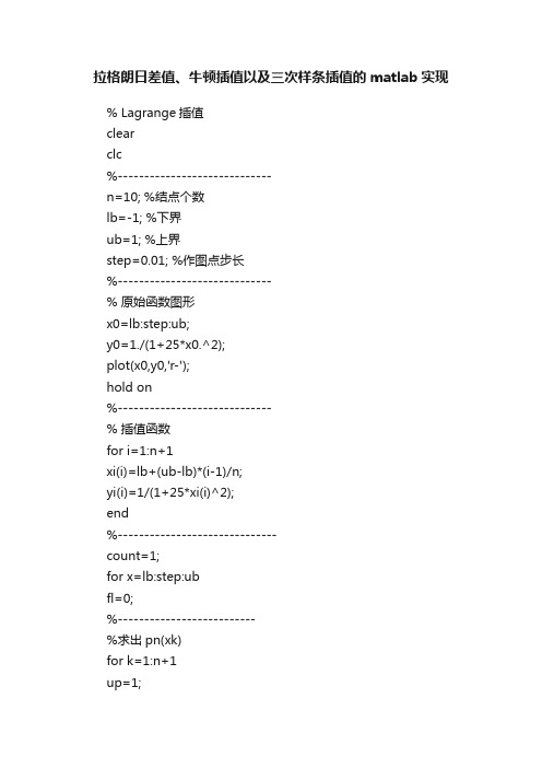 拉格朗日差值、牛顿插值以及三次样条插值的matlab实现