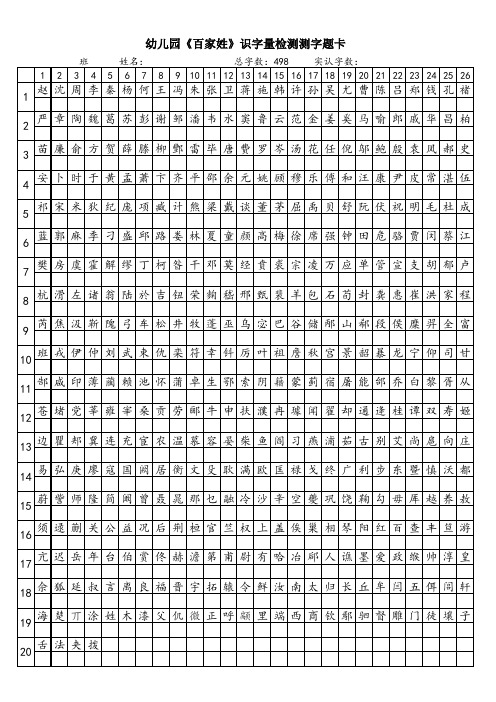 幼儿园百家姓、弟子规识字量检测测字题卡