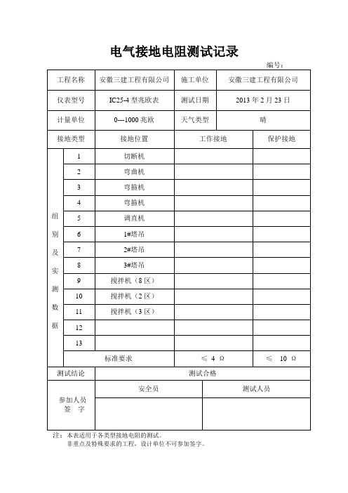 电气接地电阻测试记录