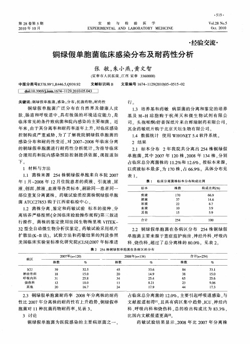 铜绿假单胞菌临床感染分布及耐药性分析