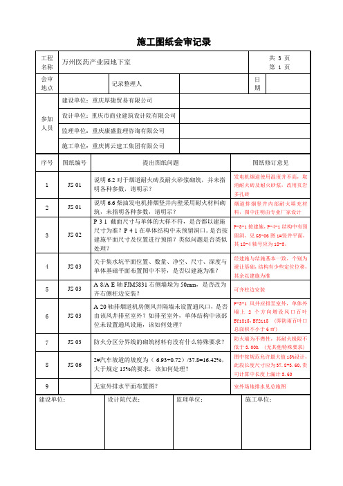 施工图纸会审记录(地下室)