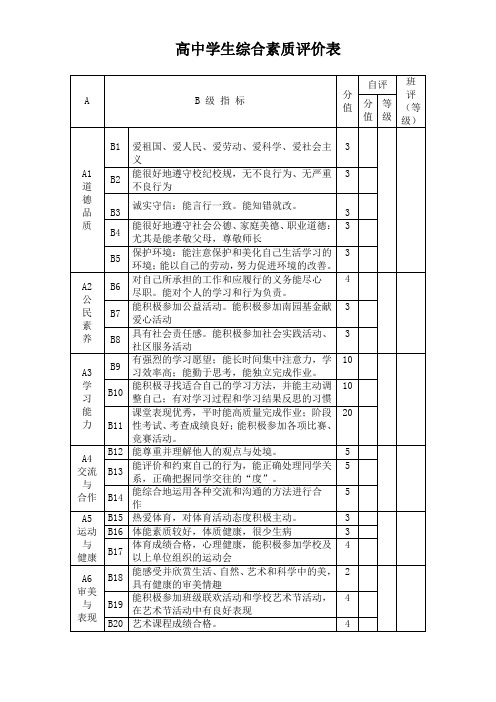 高中学生综合素质评价表