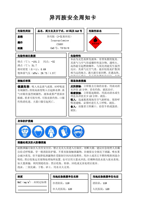 异丙胺安全周知卡、职业危害告知卡、理化特性表