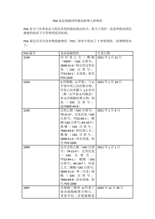 FDA食品接触材料测试新增七种物质