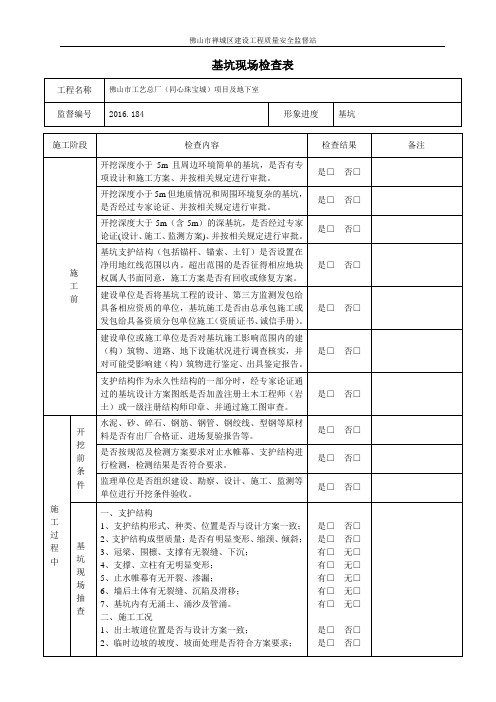 深基坑现场检查表(质量)--2017版