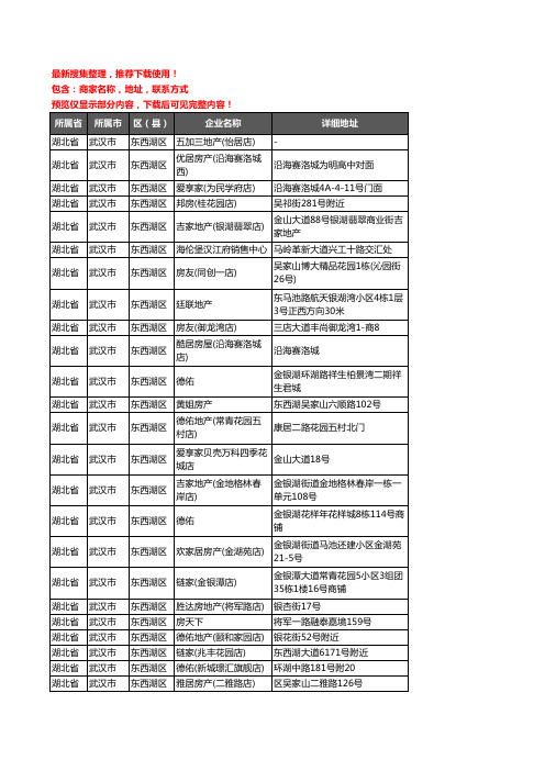 新版湖北省武汉市东西湖区房屋中介企业公司商家户名录单联系方式地址大全350家