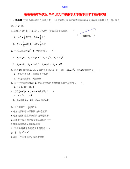 宁夏银川市兴庆区2012届九年级数学上学期学业水平检测试题