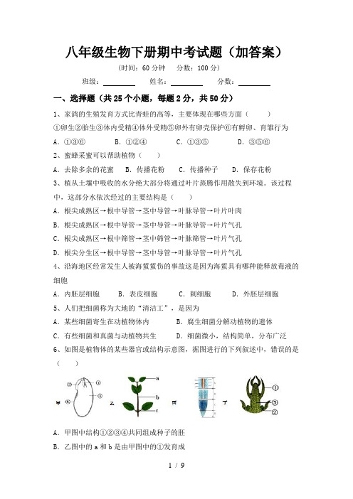 八年级生物下册期中考试题(加答案)