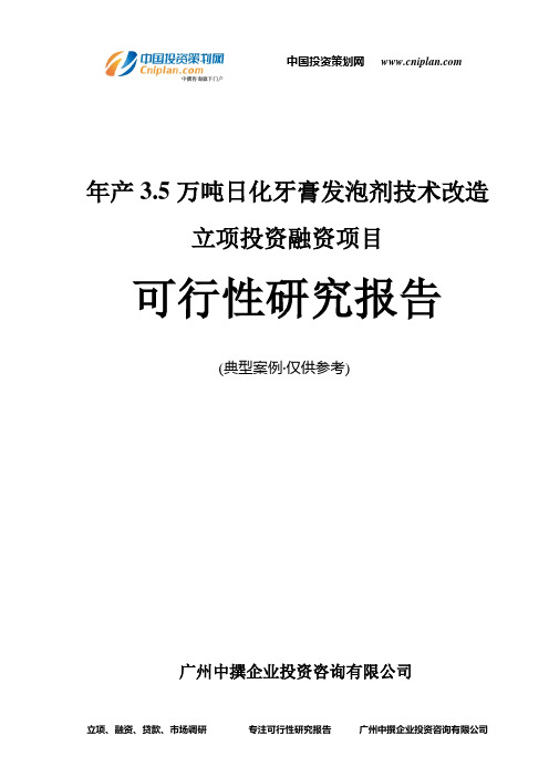 年产3.5万吨日化牙膏发泡剂技术改造融资投资立项项目可行性研究报告(非常详细)