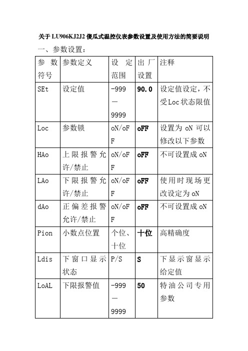 关于LU906KJ2J2傻瓜式温控仪表参数设置及使用方法的简要说明