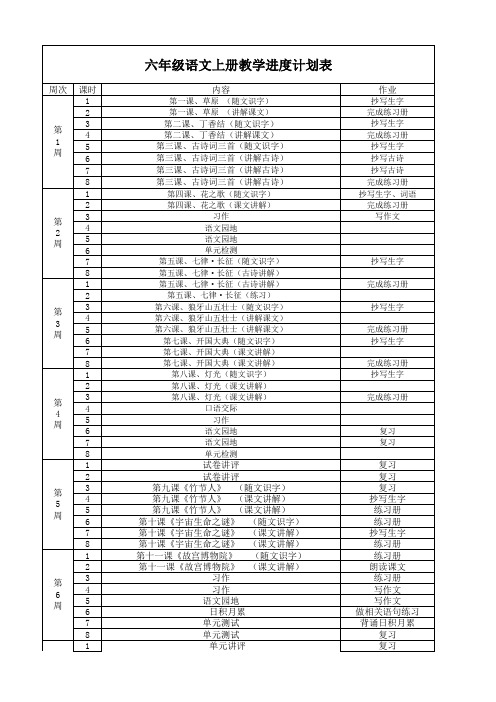 六年级语文上册教学进度计划表