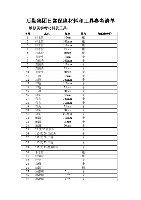 后勤集团日常保障材料和工具参考清单