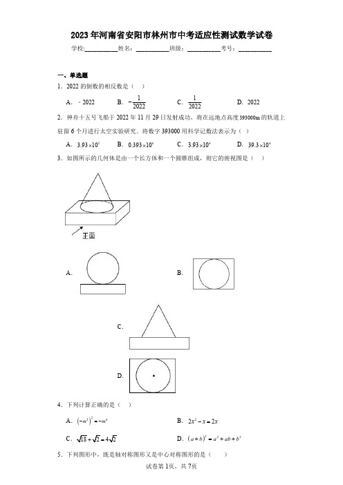 2023年河南省安阳市林州市中考适应性测试数学试卷