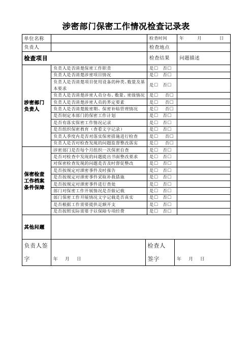 涉密部门保密工作情况检查记录表