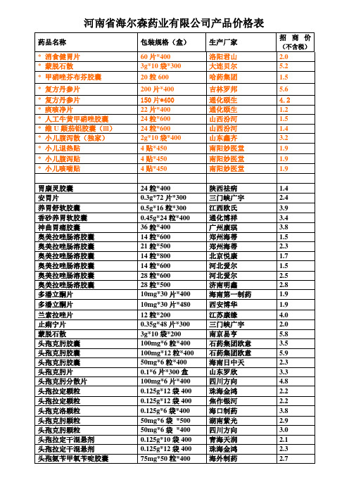 河南省海尔森药业有限公司产品价格表