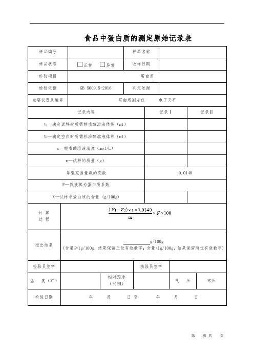 食品中蛋白质的测定原始记录