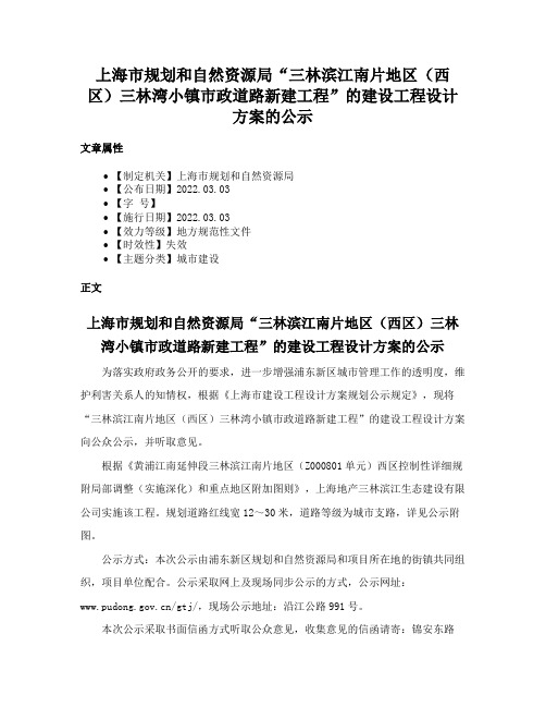 上海市规划和自然资源局“三林滨江南片地区（西区）三林湾小镇市政道路新建工程”的建设工程设计方案的公示