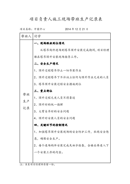 项目负责人施工现场带班生产记录表-塔吊顶升