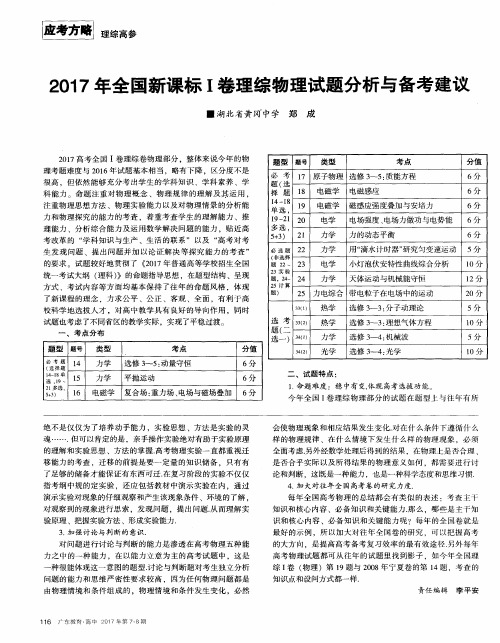 2017年全国新课标Ⅰ卷理综物理试题分析与备考建议