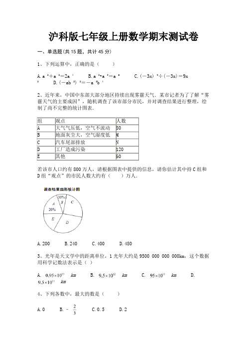 【完整版】沪科版七年级上册数学期末测试卷