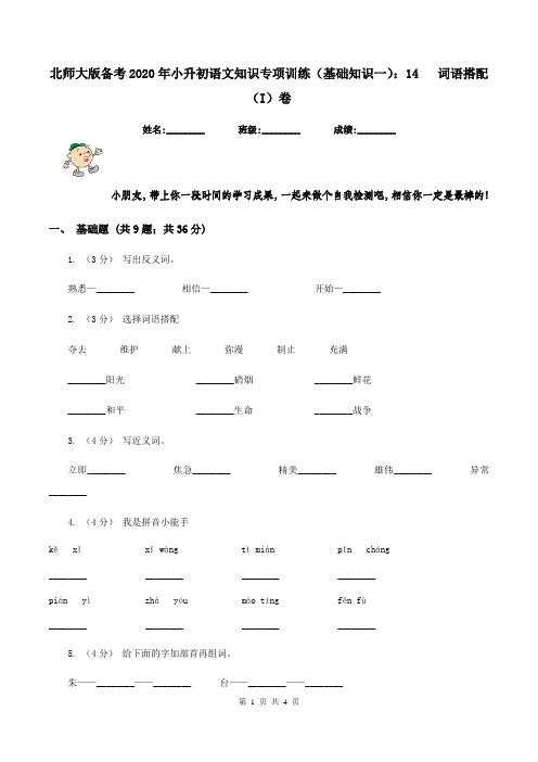 北师大版备考2020年小升初语文知识专项训练(基础知识一)：14   词语搭配(I)卷