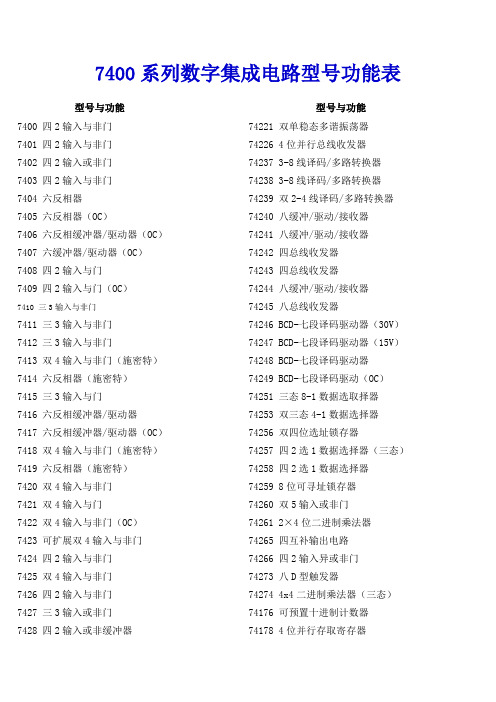 7400系列数字集成电路型号功能表