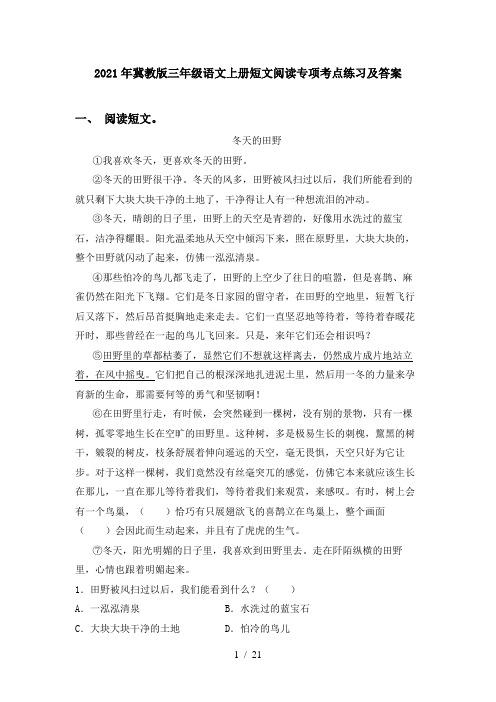 2021年冀教版三年级语文上册短文阅读专项考点练习及答案