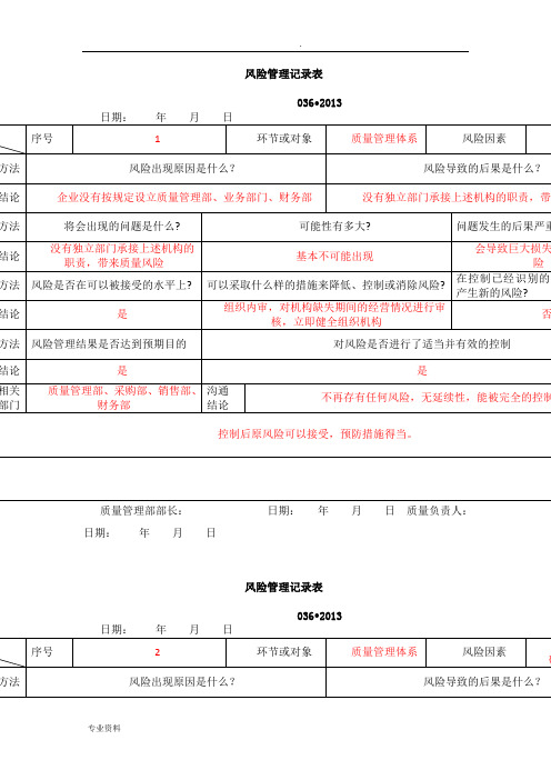 风险管理记录表填写内容