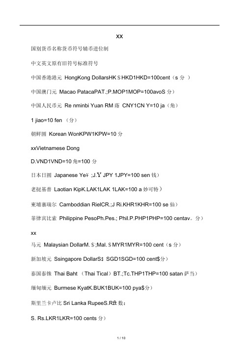 世界各国货币名称和汇率换算