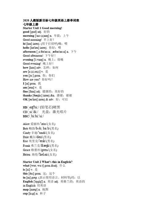 2020人教版新目标七年级英语上册单词表