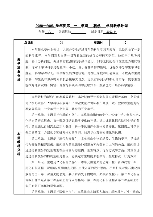 新苏教版2022-2023第一学期六年级上册科学教学计划(定稿)