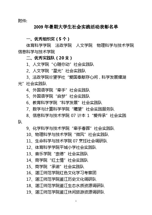 2009年暑期大学生社会实践活动表彰名单