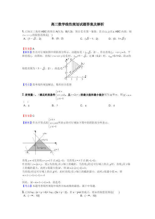 高三数学线性规划试题答案及解析
