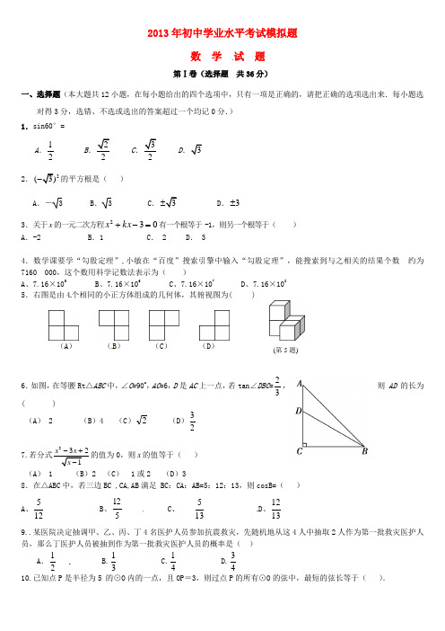 山东省潍坊市2013届九年级数学学业水平模拟考试(二模)试题_新人教版 2