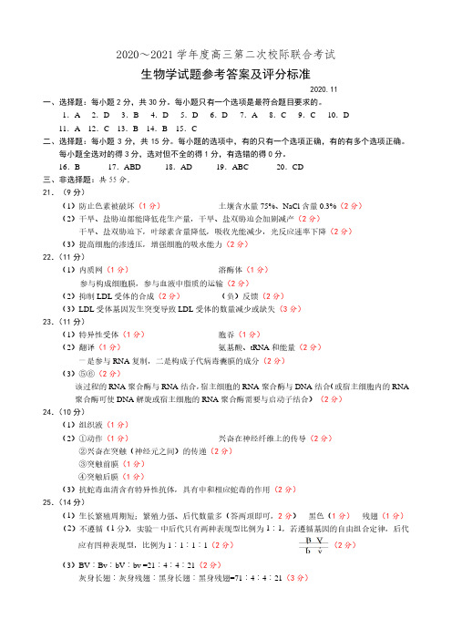 2020年11月山东省日照市2021届高三上学期第二次校际联合考试生物答案