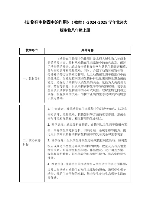 《动物在生物圈中的作用》(教案)-2024-2025学年北师大版生物八年级上册