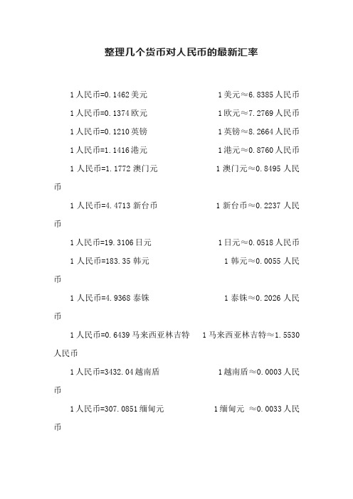 整理几个货币对人民币的最新汇率