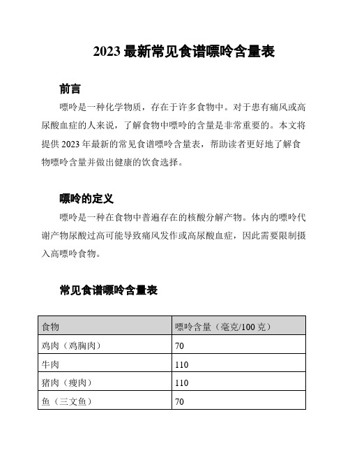 2023最新常见食谱嘌呤含量表