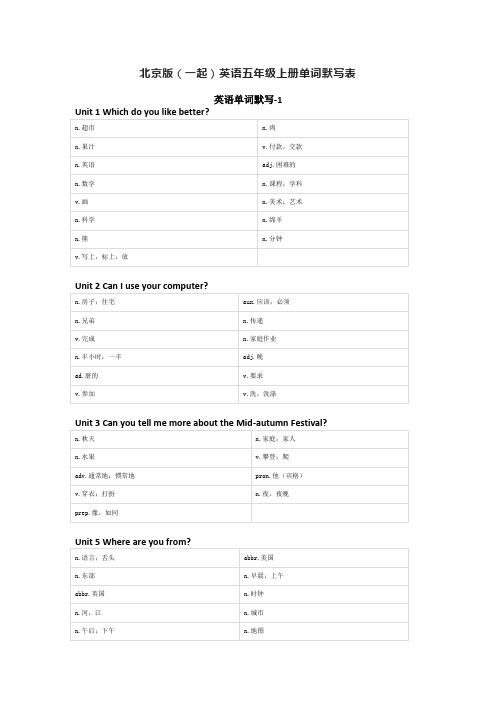 北京版(一起)英语五年级上册单词默写表
