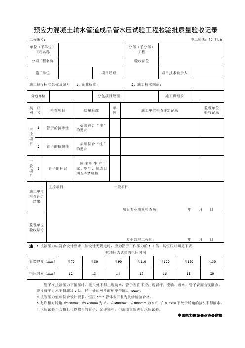 10.11.6预应力混凝土输水管道成品管水压试验工程检验批质量验收记录