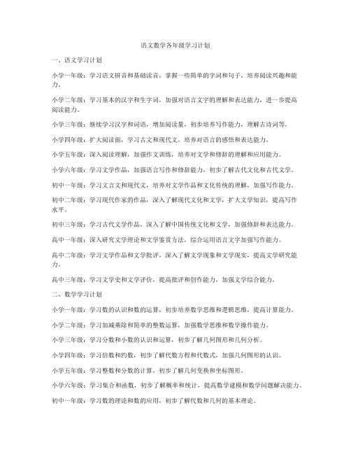 语文数学各年级学习计划