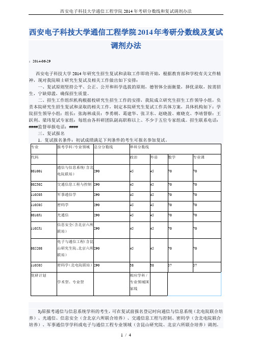 西安电子科技大学通信工程学院2014年考研分数线和复试调剂办法