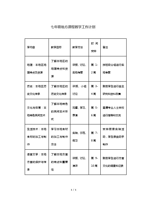 七年级地方课程教学工作计划