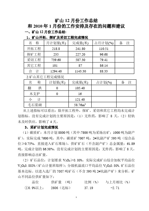 矿山12月份工作总结和1月份的工作安排及存在的问题和建议