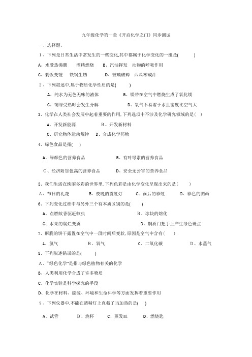 九年级化学第一章《开启化学之门》同步测试