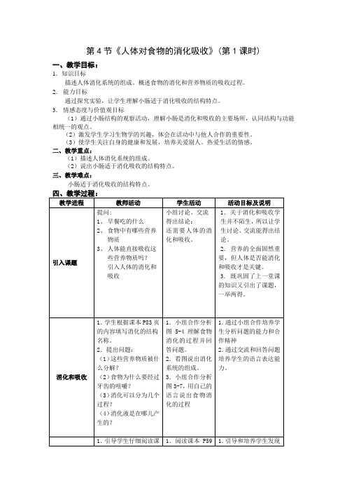 苏科版七年级上册生物教案：3.5.4人体对食物的消化吸收 教案